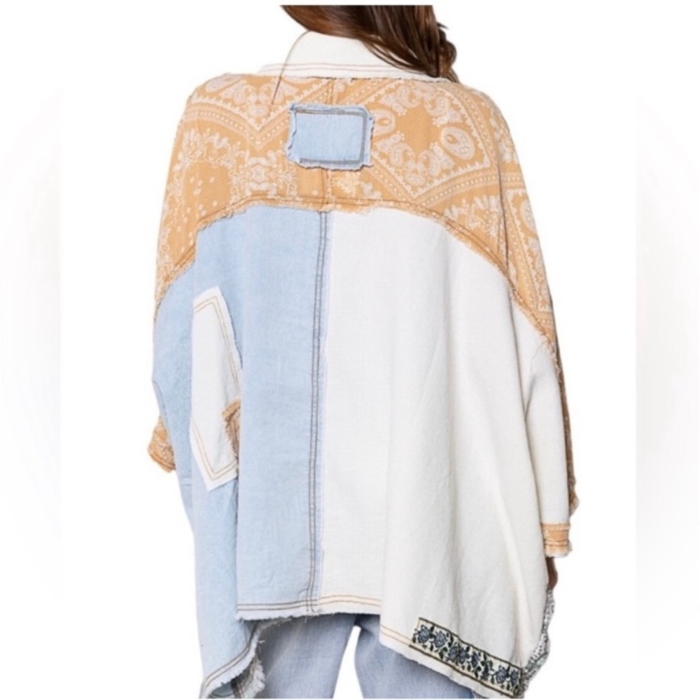 POL Light Denim Mixed Patchwork Boxy Oversized Boho Top Shacket Women’s Size M - Picture 5 of 16